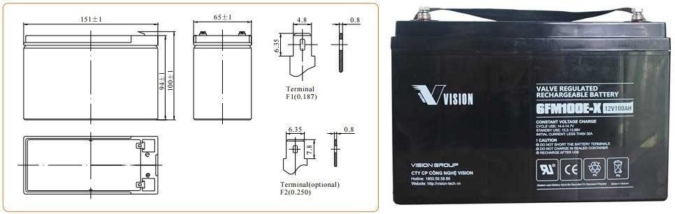 Bản vẻ kỹ thuật của Ắc quy VISION 6FM100E-X 12V-100Ah
