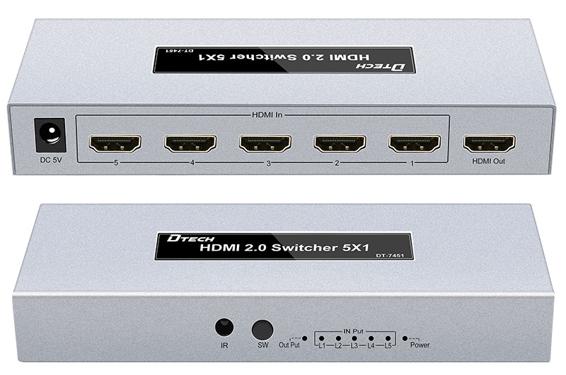 Hai mặt trước sau của Bộ gộp HDMI DT-7451 (2.0) 5 vào 1 ra