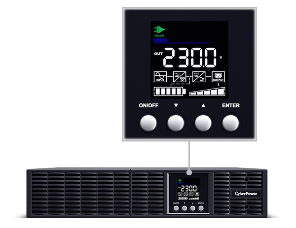 Bộ lưu điện CyberPower OLS3000ERT2U mặt trước với màn hình LCD cao cấp