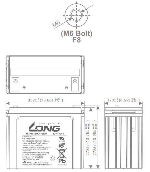 Thông số kích thước của Ắc quy kín khí Long 12V-130Ah (KPH130-12N)