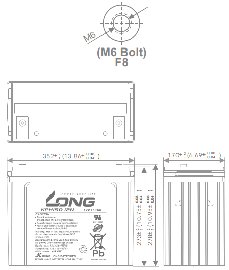 Thông số kích thước của Ắc quy kín khí Long 12V-150Ah (KPH150-12N)