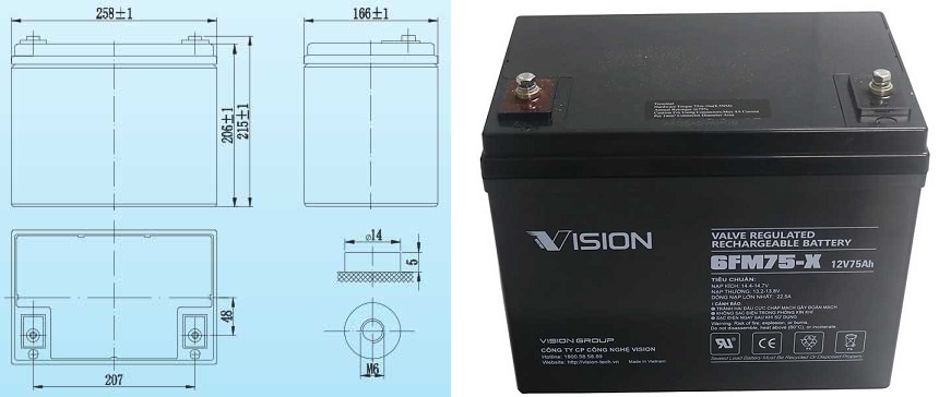 kích thước ắc quy Vision 6FM75-X