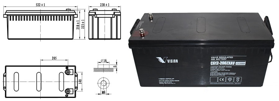 kích thước ắc quy VISION GC12-200ZXVA