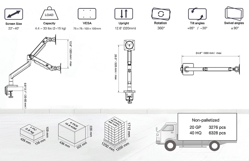 Thông số chi tiết của tay nâng màn hình NB G40