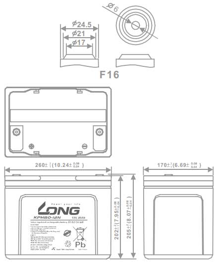 Thông số kích thước củaẮc quy kín khí Long 12V-80Ah (KPH80-12N)