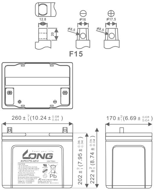 Thông số kích thước của Ắc quy kín khí Long 12V-75Ah (KPH75-12U)