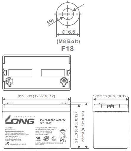 Thông số kích thước của Ắc quy kín khí Long 12V-100Ah (WPL100-12RN)