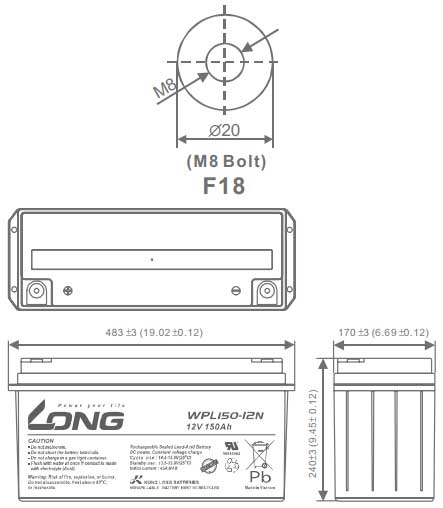 Thông số kích thước của Ắc quy kín khí Long 12V-150Ah (WPL150-12N)