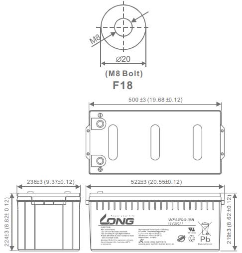 Thông số kích thước của Ắc quy kín khí Long 12V-200Ah (WPL200-12N)