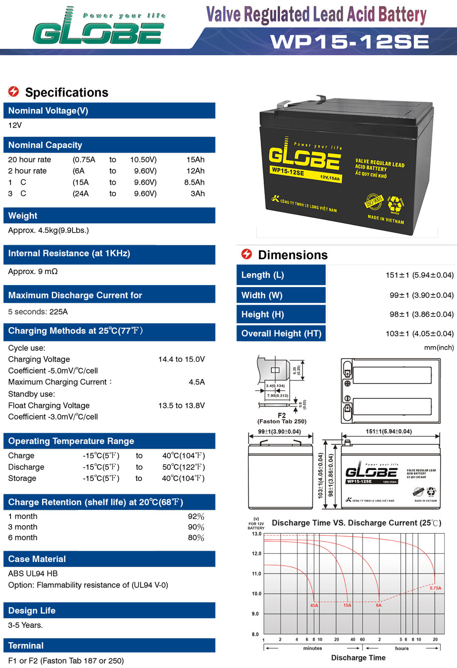 Thông số kỹ thuật và kích thước chi tiết của Ắc quy kín khí Globe 12V-15Ah (WP15-12SE)